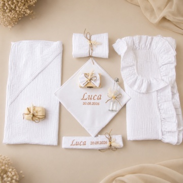 Trusou botez Muselină Albă, broderie culoare Cappuccino - MUS02