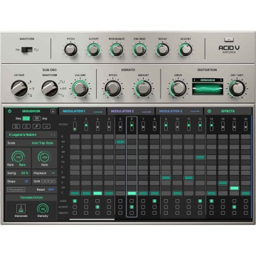 Arturia Acid V License - Plugin sintetizator virtual acid bass TB-303 cu sequencer polimetric si 14 algoritmi de distorsiune - Img 2