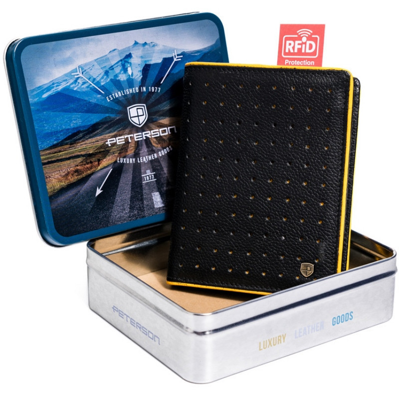 Portofel premium barbati PETERSON RFID Clark din piele naturala neagra cu detaliu galben