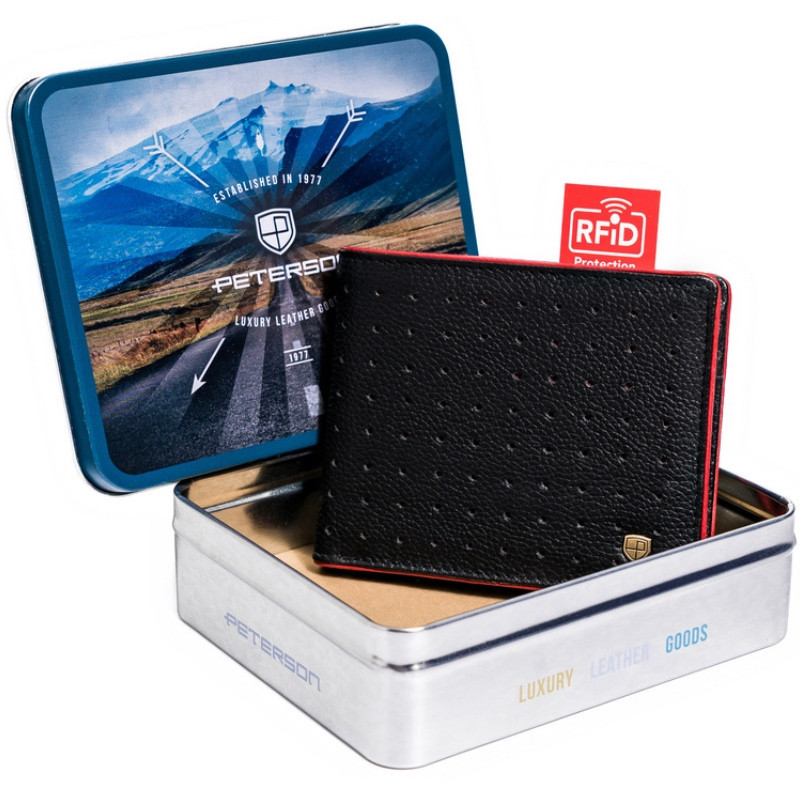 Portofel premium barbati PETERSON RFID Elton din piele naturala neagra cu detaliu rosu