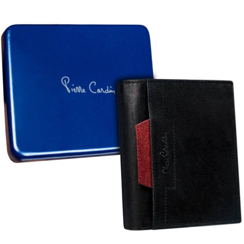 Portofel vertical barbati PIERRE CARDIN RFID din piele naturala neagra cu detaliu rosu - Img 1