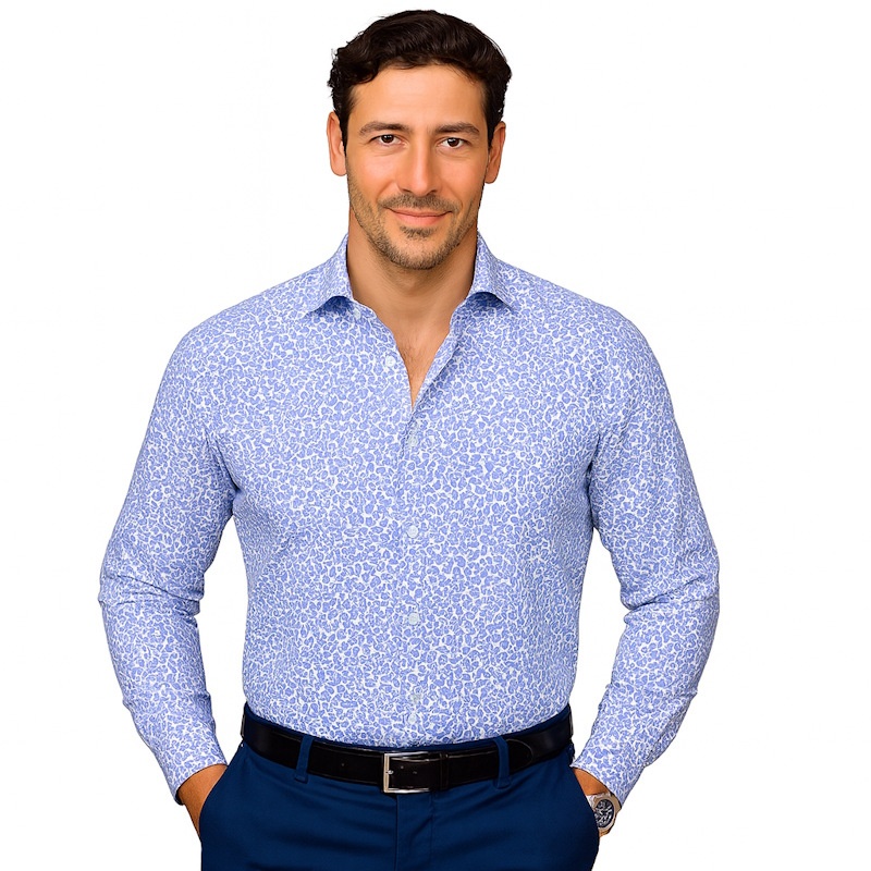 Camasa alba regular casual barbati cu imprimeu bleu paisley Luxury Classic Fit EASY IRON