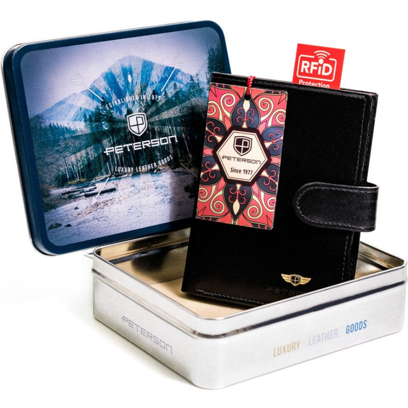 Portofel premium barbati PETERSON RFID Leon din piele naturala neagra cu inchidere prin capsa