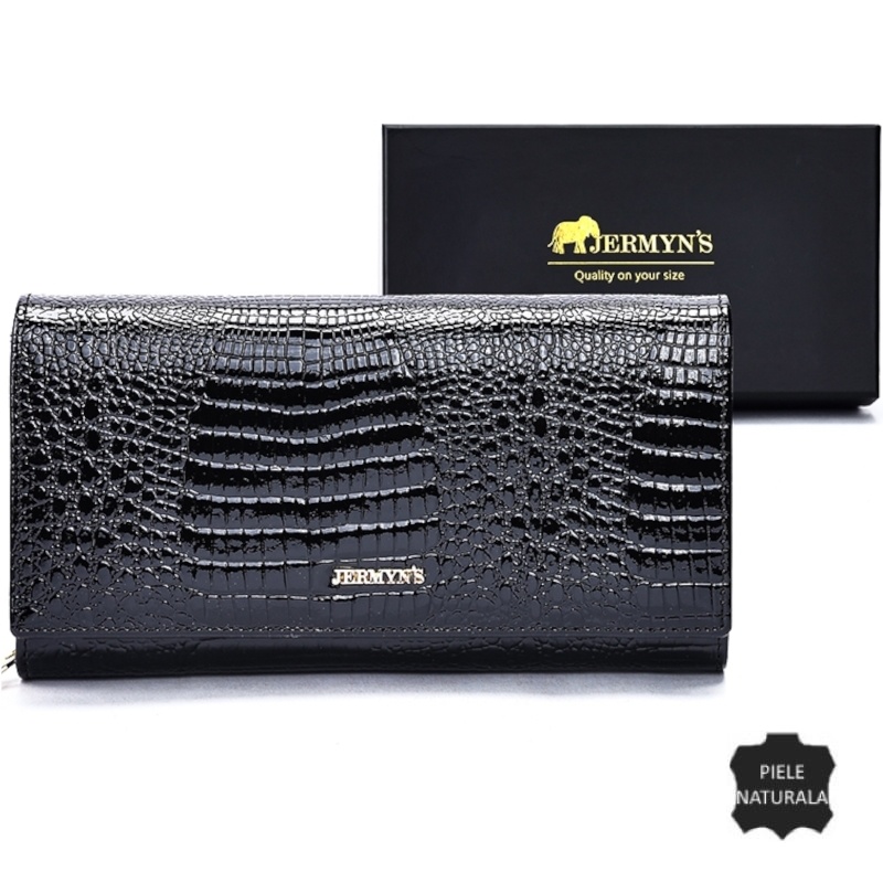 Portofel dama piele naturala JERMYN'S Monza, negru cu patern crocodile