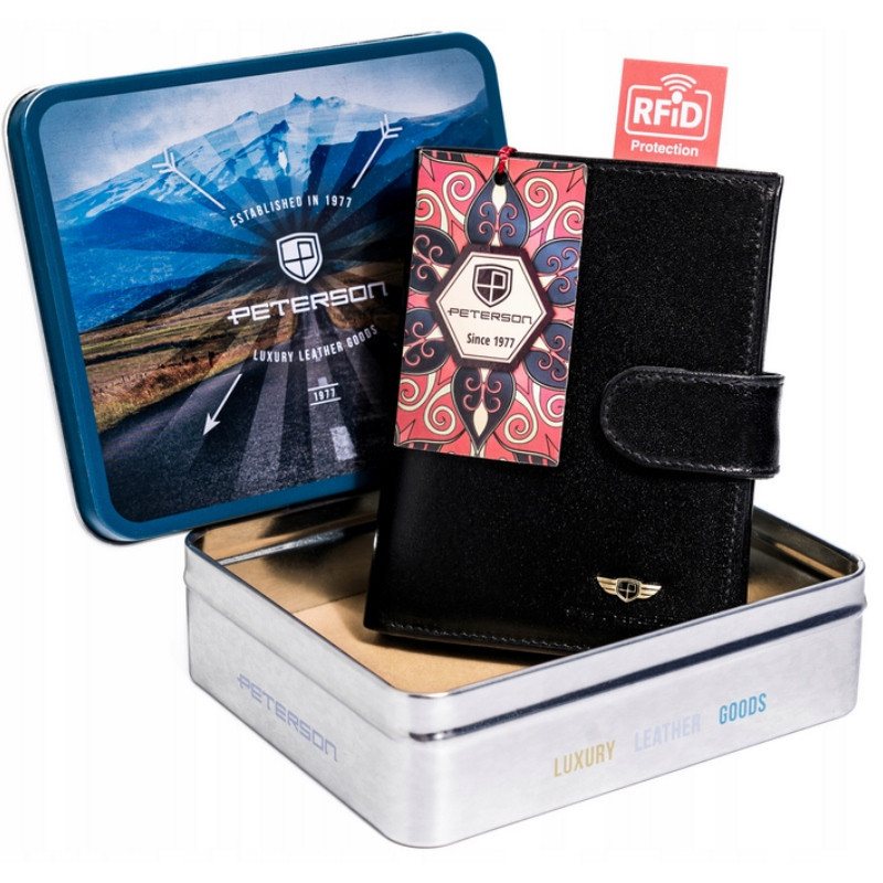 Portofel premium barbati PETERSON RFID Lewis din piele naturala neagra cu inchidere prin capsa