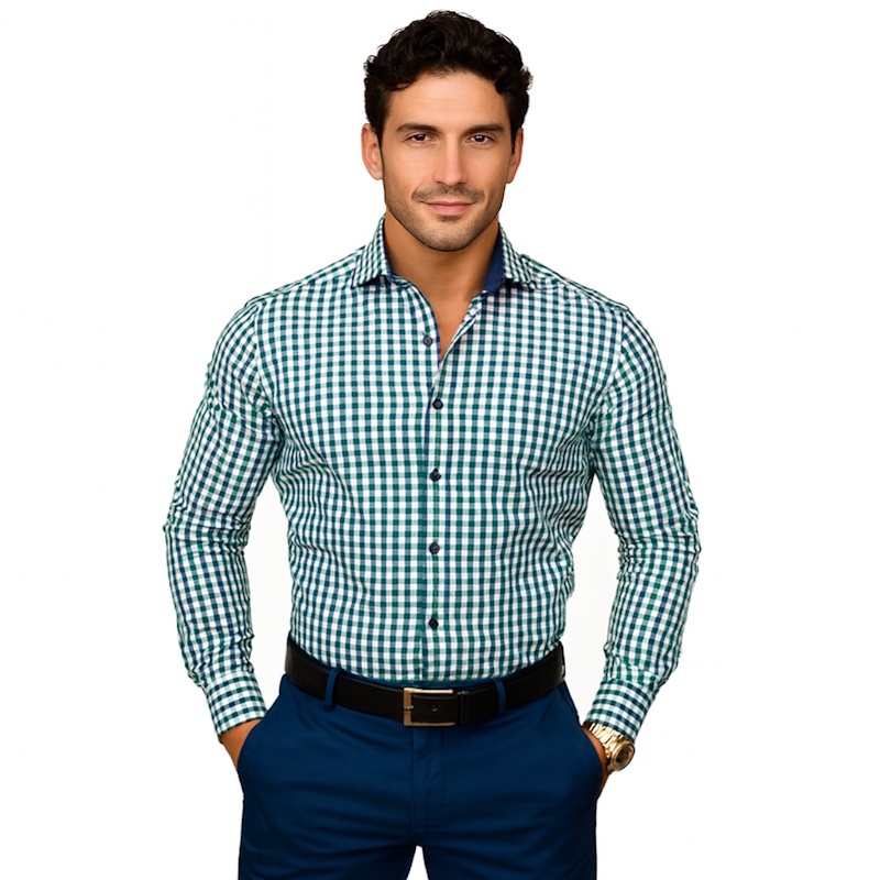 Camasa slim casual barbati in carouri verzi si bleumarin Luxury Slim Fit EASY IRON