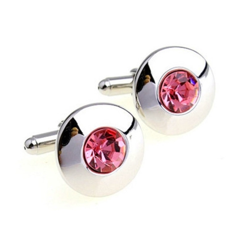 Butoni unisex argintii rotunzi cu cristal roz