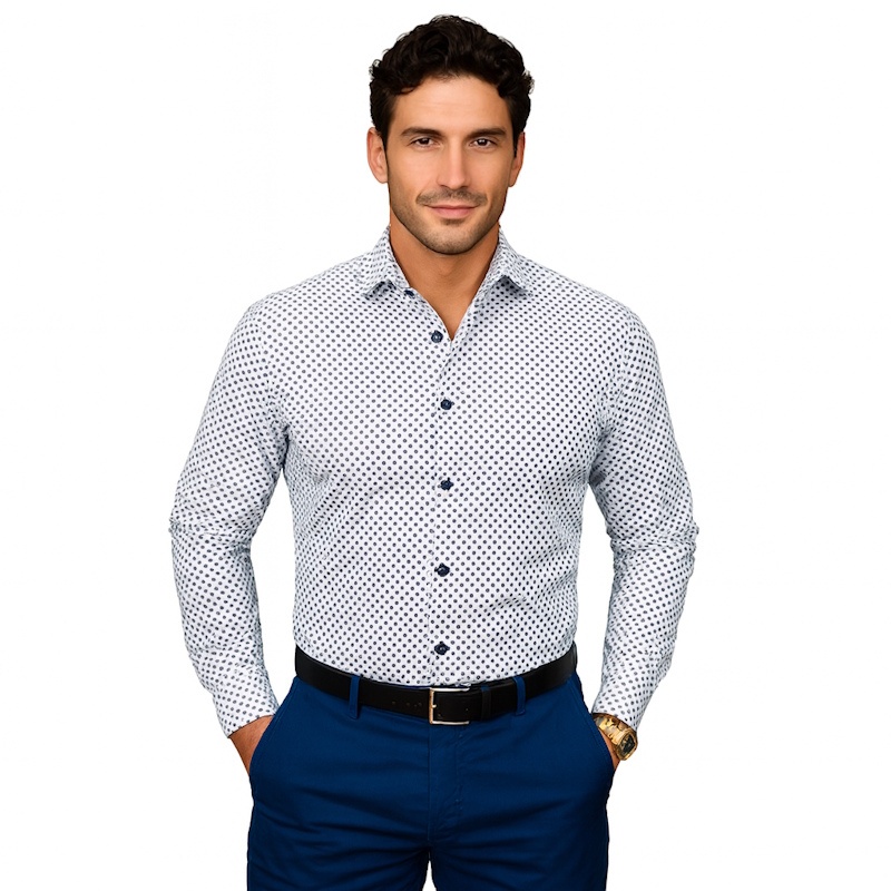Camasa alba slim casual barbati cu structuri bleumarin navy Luxury Slim Fit EASY IRON