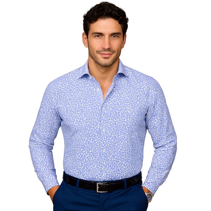 Camasa alba slim casual barbati cu imprimeu bleu paisley Luxury Slim Fit EASY IRON