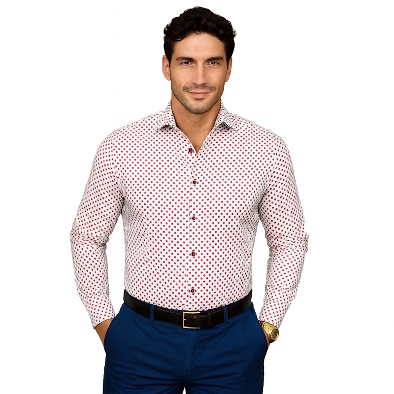 Camasa alba slim casual barbati cu structuri grena Luxury Slim Fit EASY IRON