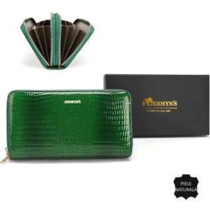 Portofel dama piele naturala, cu fermoar dublu, JERMYN'S Georgina, verde cu patern crocodile