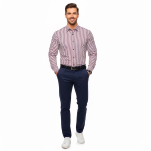 Camasa barbati alba regular Luxury Classic Fit EASY IRON in dungi rosii si bleumarin - Img 3