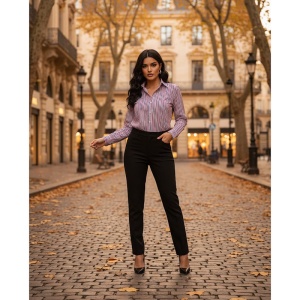 Camasa dama alba Luxury Slim Fit EASY IRON cu dungi rosii si bleumarin - Img 9