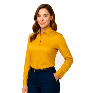 Camasa office dama galben ocru din bumbac satinat Luxury Slim Fit EASY IRON pentru butoni