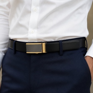 Curea barbati din piele naturala neagra JERMYN'S Texas cu catarama automata aurie - Img 2