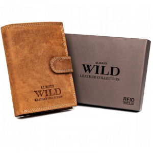 Portofel barbati Always Wild RFID Clifford din piele naturala maro coniac cu inchidere prin capsa