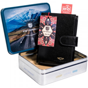 Portofel premium barbati PETERSON RFID Liam din piele naturala neagra cu inchidere prin capsa