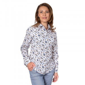 Camasa alba dama cu imprimeu paisley albastru si maro Luxury Slim Fit EASY IRON pentru butoni - Img 2