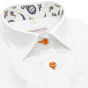 Camasa alba dama Luxury Slim Fit EASY IRON din poplin cu garnitura paisley albastru si maro - Img 5