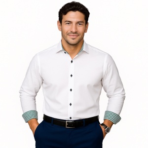 Camasa alba regular barbati Luxury Classic Fit EASY IRON cu garnitura in carouri verzi si bleumarin