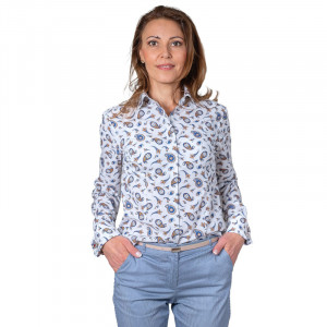 Camasa alba dama cu imprimeu paisley albastru si maro Luxury Slim Fit EASY IRON pentru butoni - Img 3