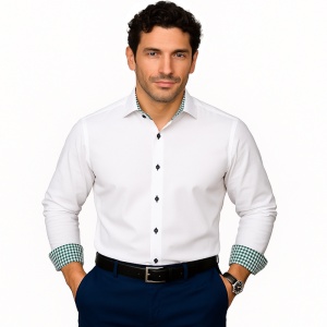 Camasa alba slim barbati Luxury Slim Fit EASY IRON cu garnitura in carouri verzi si bleumarin - Img 2