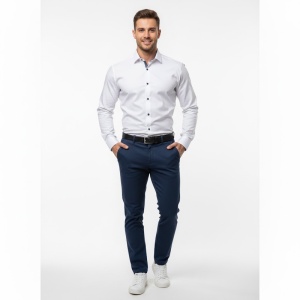 Camasa barbati alba regular Luxury Classic Fit EASY IRON cu garnitura bleumarin cu structuri albe - Img 3