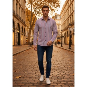Camasa barbati slim alba Luxury Slim Fit EASY IRON in dungi rosii si bleumarin - Img 6