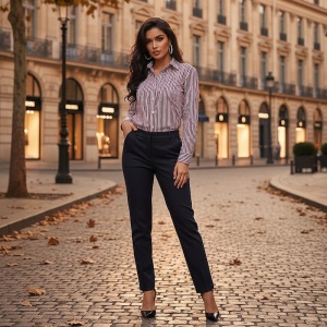 Camasa dama alba Luxury Slim Fit EASY IRON cu dungi rosii si bleumarin - Img 3