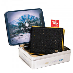 Portofel premium barbati PETERSON RFID Elton din piele naturala neagra cu detaliu galben