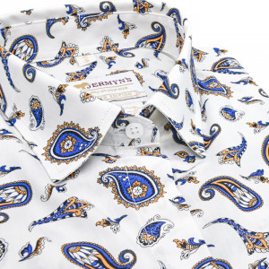 Camasa alba dama cu imprimeu paisley albastru si maro Luxury Slim Fit EASY IRON pentru butoni - Img 4