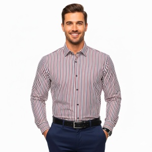 Camasa barbati alba regular Luxury Classic Fit EASY IRON in dungi rosii si bleumarin