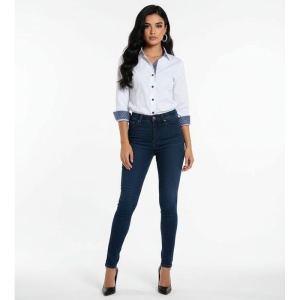 Camasa dama alba office Luxury Slim Fit EASY IRON cu garnitura bleumarin cu buline albe - Img 5