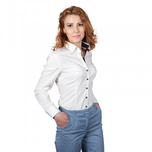 Camasa dama eleganta crem Luxury Slim Fit EASY IRON cu garnitura neagra in contrast