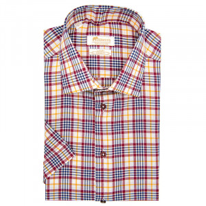 Camasa maneca scurta regular casual barbati in carouri burgundy si galbene Luxury Classic Fit EASY IRON - Img 3