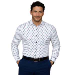 Camasa alba slim casual barbati cu mini trifoi bleumarin si rosu Luxury Slim Fit EASY IRON