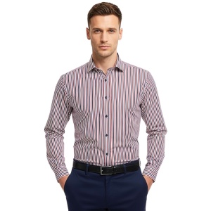 Camasa barbati slim alba Luxury Slim Fit EASY IRON in dungi rosii si bleumarin