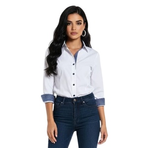 Camasa dama alba office Luxury Slim Fit EASY IRON cu garnitura bleumarin cu buline albe