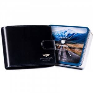 Portofel premium barbati PETERSON Alcott RFID din piele naturala neagra cu inchidere prin capsa