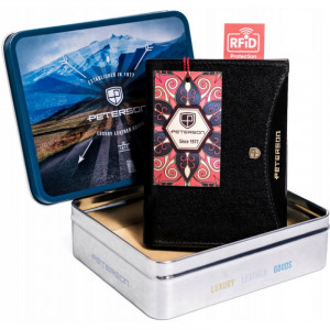 Portofel premium barbati PETERSON RFID Francesco din piele naturala neagra cu detaliu negru