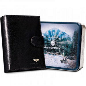 Portofel vertical barbati PETERSON Byron RFID din piele naturala neagra cu inchidere prin capsa