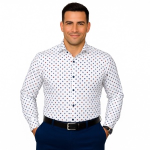 Camasa alba regular casual barbati cu mini trifoi bleumarin si rosu Luxury Classic Fit EASY IRON