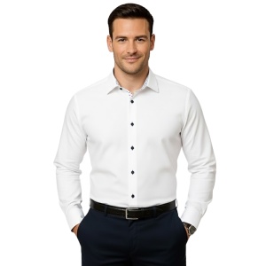 Camasa barbati alba regular Luxury Classic Fit EASY IRON cu garnitura minitrifoi bleumarin si rosu