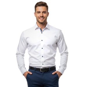 Camasa barbati alba regular Luxury Classic Fit EASY IRON cu garnitura bleumarin cu structuri albe