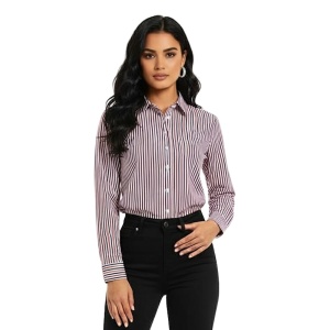 Camasa dama alba Luxury Slim Fit EASY IRON cu dungi rosii si bleumarin