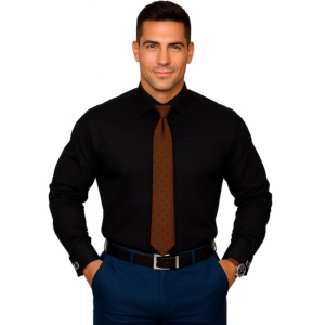Camasa neagra regular barbati Exclusive Classic Fit Poplin EASY IRON pentru butoni