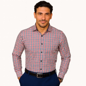 Camasa slim casual barbati in carouri rosii si bleumarin Luxury Slim Fit EASY IRON