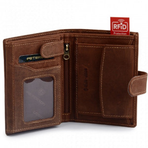 Portofel premium barbati piele naturala maro PETERSON RFID Hunter vertical cu inchidere prin capsa - Img 3