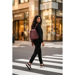 Rucsac dama JERMYN'S Bologna, piele naturala, rosu burgund, compact - Img 2