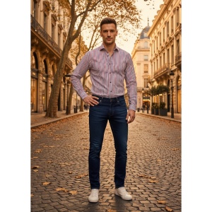 Camasa barbati slim alba Luxury Slim Fit EASY IRON in dungi rosii si bleumarin - Img 5